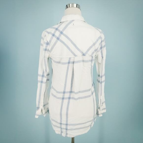 Barbour Size 4 White Blue Plaid Print Collared Button Linen Blend Top Blouse - Picture 3 of 7